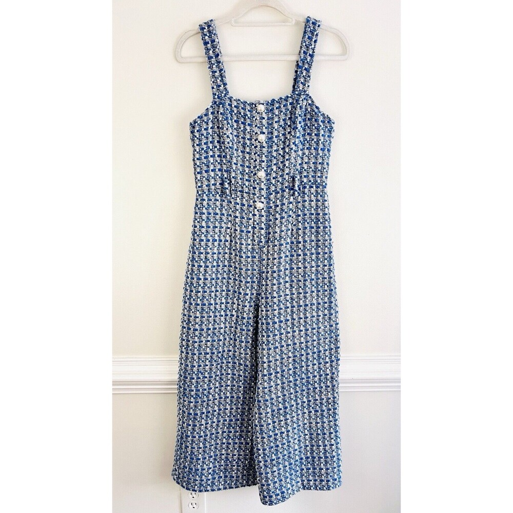 Jealous Tomato Blue & White Tweed Cropped Wide Leg Jumpsuit Sleeveless EUC Sz SM - Picture 4 of 16